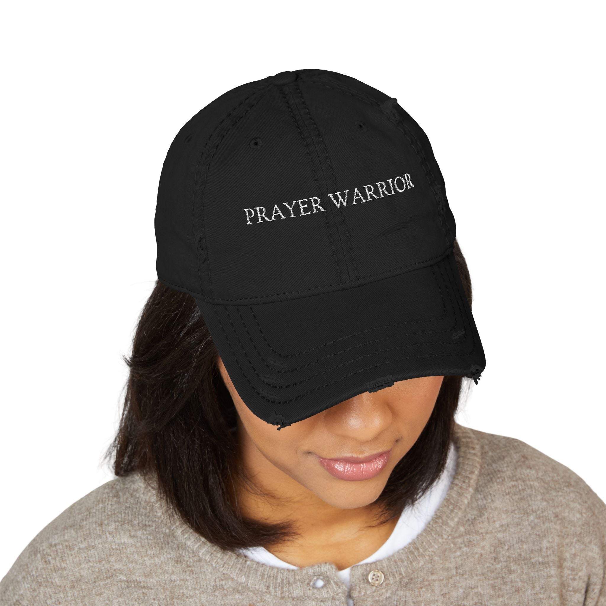 Prayer Warrior Distressed Dad Hat — Embroidered Faith Baseball Cap